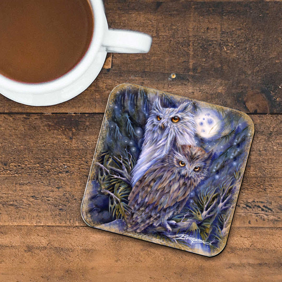 Picture of G. Debrekht 8199465C-S4 Night Watch Owls Wooden Cork Coasters Gift Set of 4 by J. Bergsma - Wildlife Decor