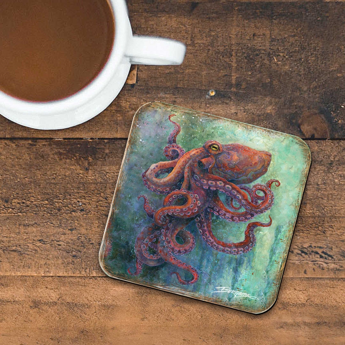 Picture of G. Debrekht 8199459C-S4 Octopus Wooden Cork Coasters Gift Set of 4 by J. Bergsma - Wildlife Decor