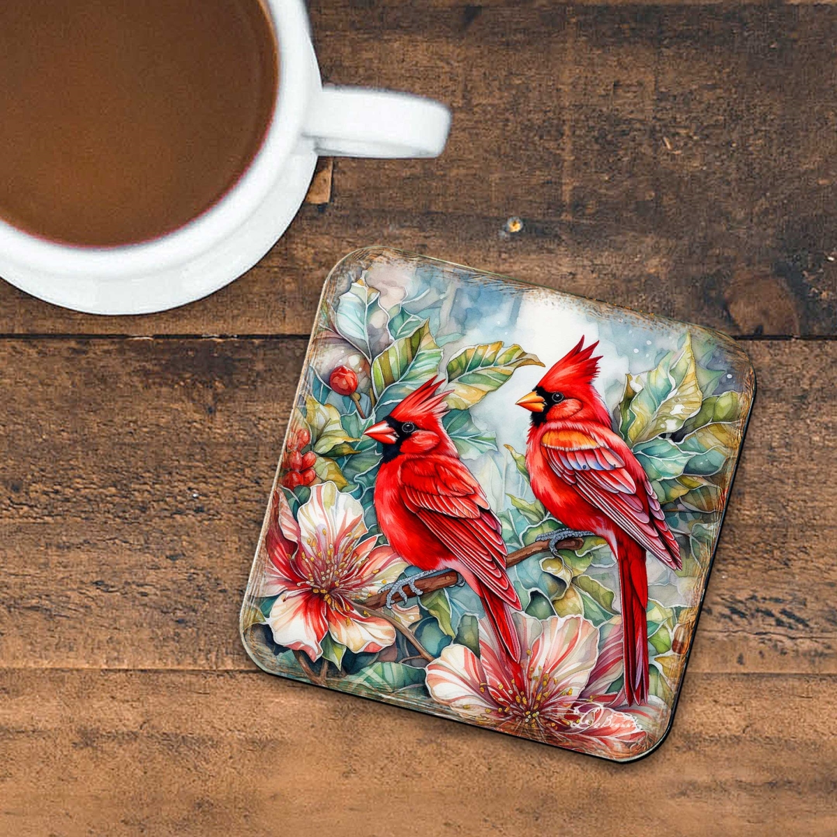Picture of G. Debrekht 8199452C-S4 Red Cardinals Wooden Cork Coasters Gift Set of 4 by G. Debrekht - Wildlife Decor