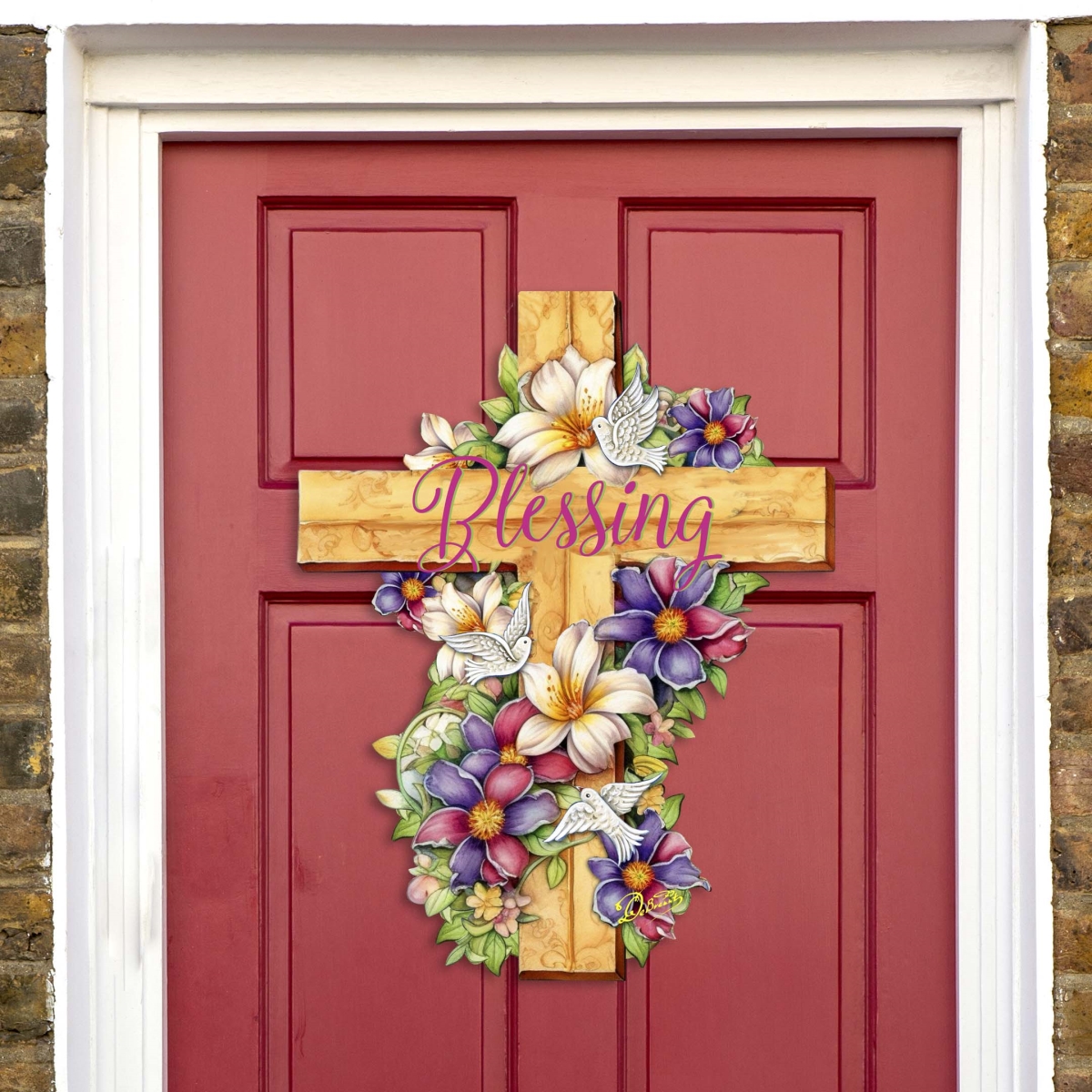 8688163H Floral Dove Blessing Cross Holiday Door Decor by  - Easter Spring Decor
