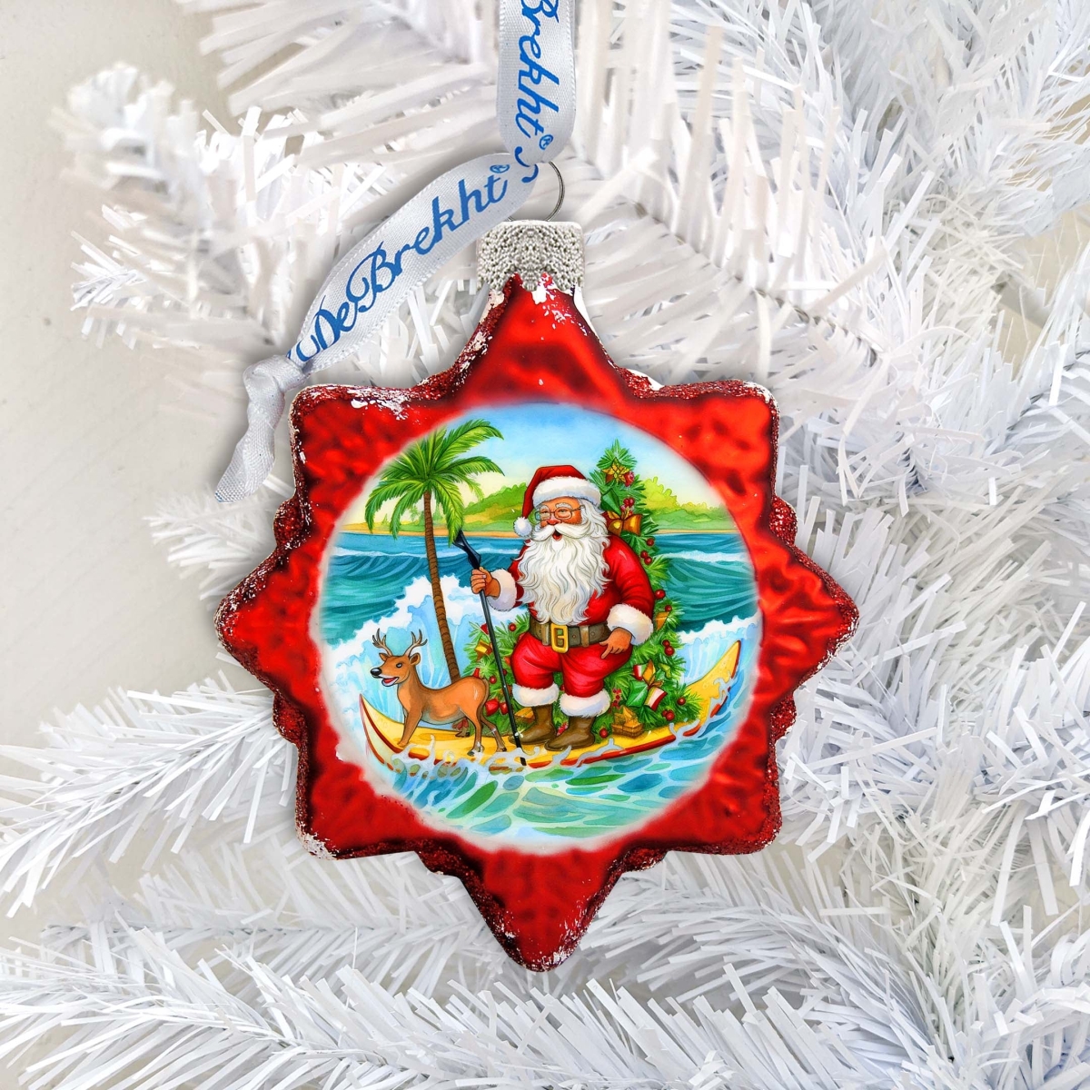 777418 Beach House Decor - Santa on the Surfboard Keepsake Glass Ornaments by  - Christmas Decor