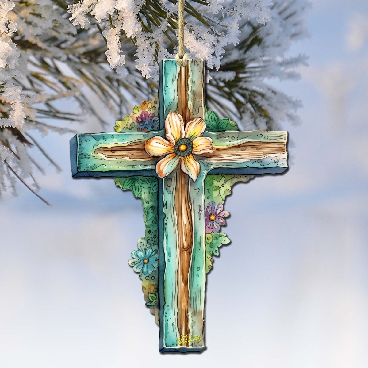 8688164-S2 Teal Easter Cross Wooden Ornaments Set of 2 by  Easter Spring Decor