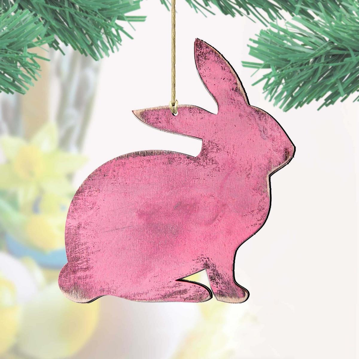 81991341-S2 Pink Bunny Easter Wood Ornaments Set of 2 Pair  - Designocracy