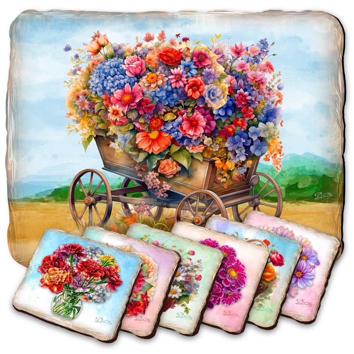 Picture of G. Debrekht 85444C-S7 Bouquet of Flowers Wooden Cork Placemat and Coasters Gift Set of 7 by Nature Wonders - Nature Wildlife Decor