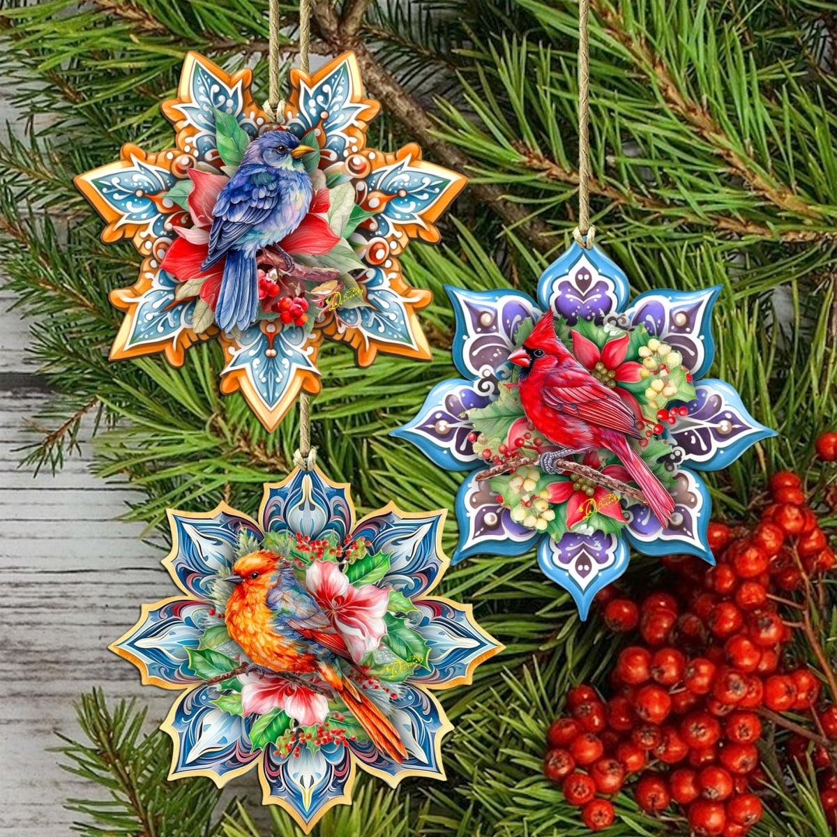 Forest Birds Snowflake Wooden Ornaments - Multicolor - Set of 3 - Handcrafted