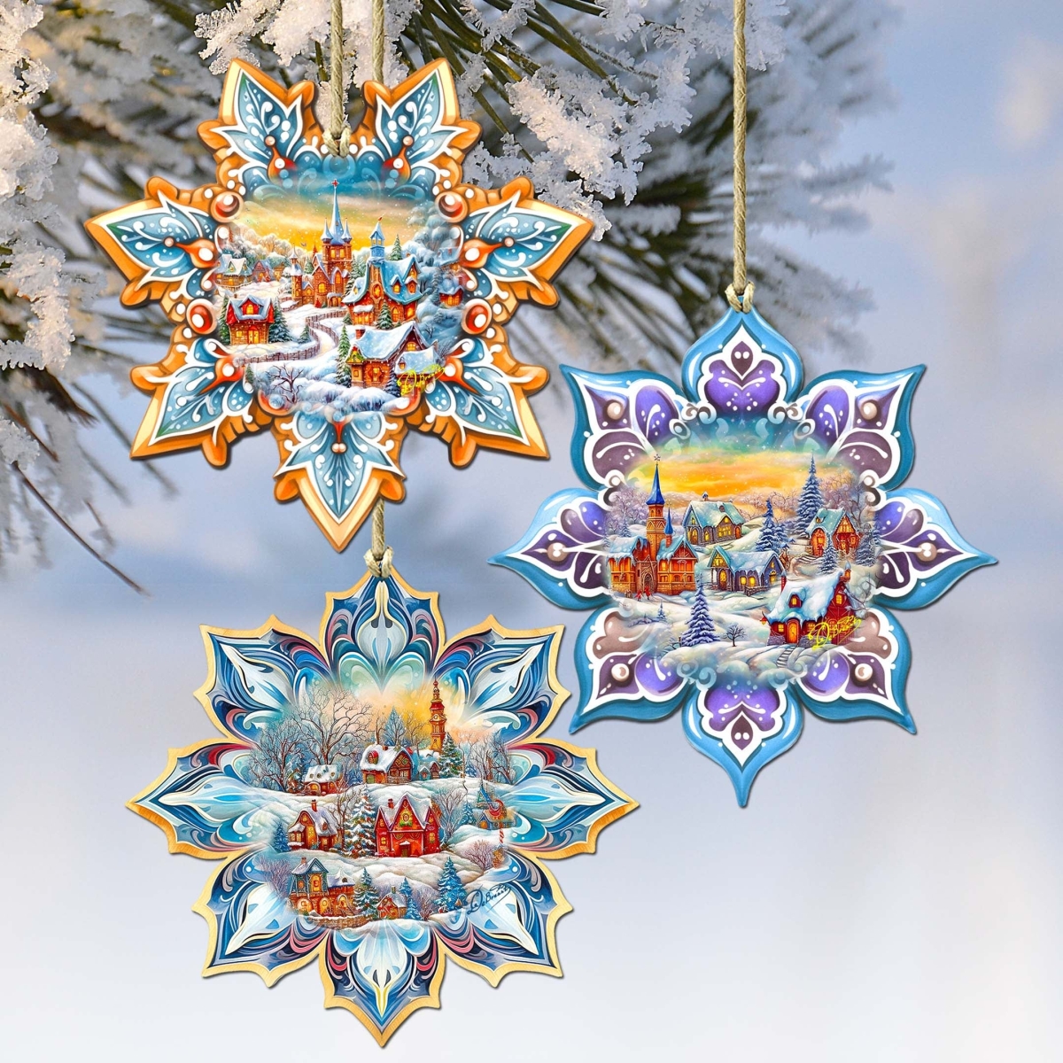 8090146-S3 Winter Village Snowflake Wooden Ornaments Set of 3 by  - Christmas Decor