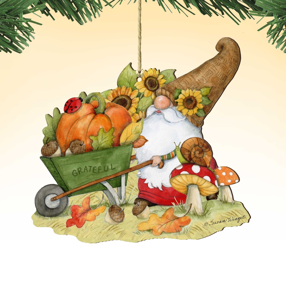 8471207-SW Grateful Harvest Gnome with Wheelbarrow and Cornucopia - Handmade Gift by Susan Winget