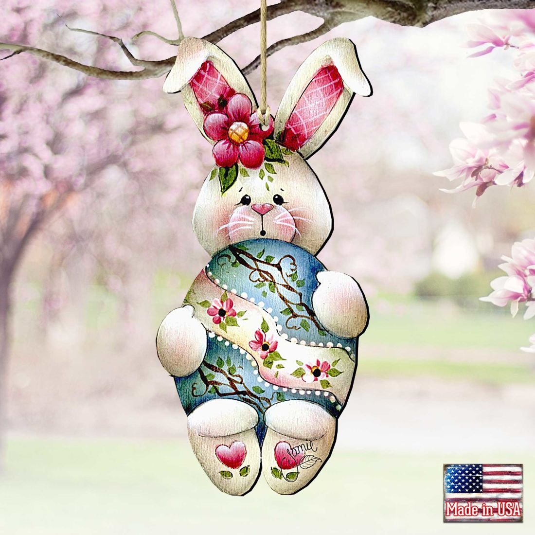 8457602 Bunny Hugs Wooden Ornament Easter by Jamie Mills-Price - Easter Spring Decor