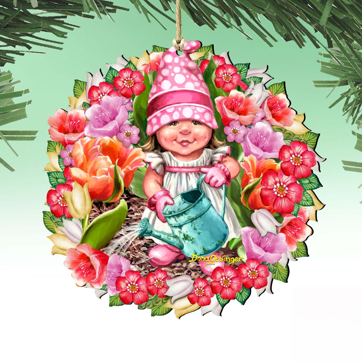 8161055-DG Spring Blossom Gnome Dwarf Wreath Wooden Ornament by Gelsinger - Easter Spring Decor