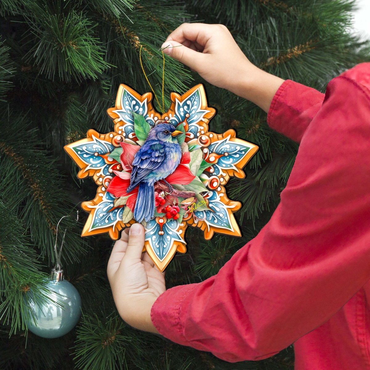 8688410M Blue Bird Snowflake Large Wooden Ornament by  - Nature Wildlife Decor