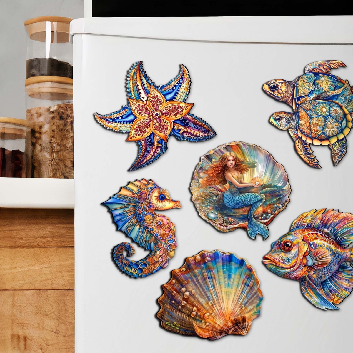 8090064G-S6 Mermaid and Friends Decorative Wooden Magnets Set of 6 by  - Coastal Decor