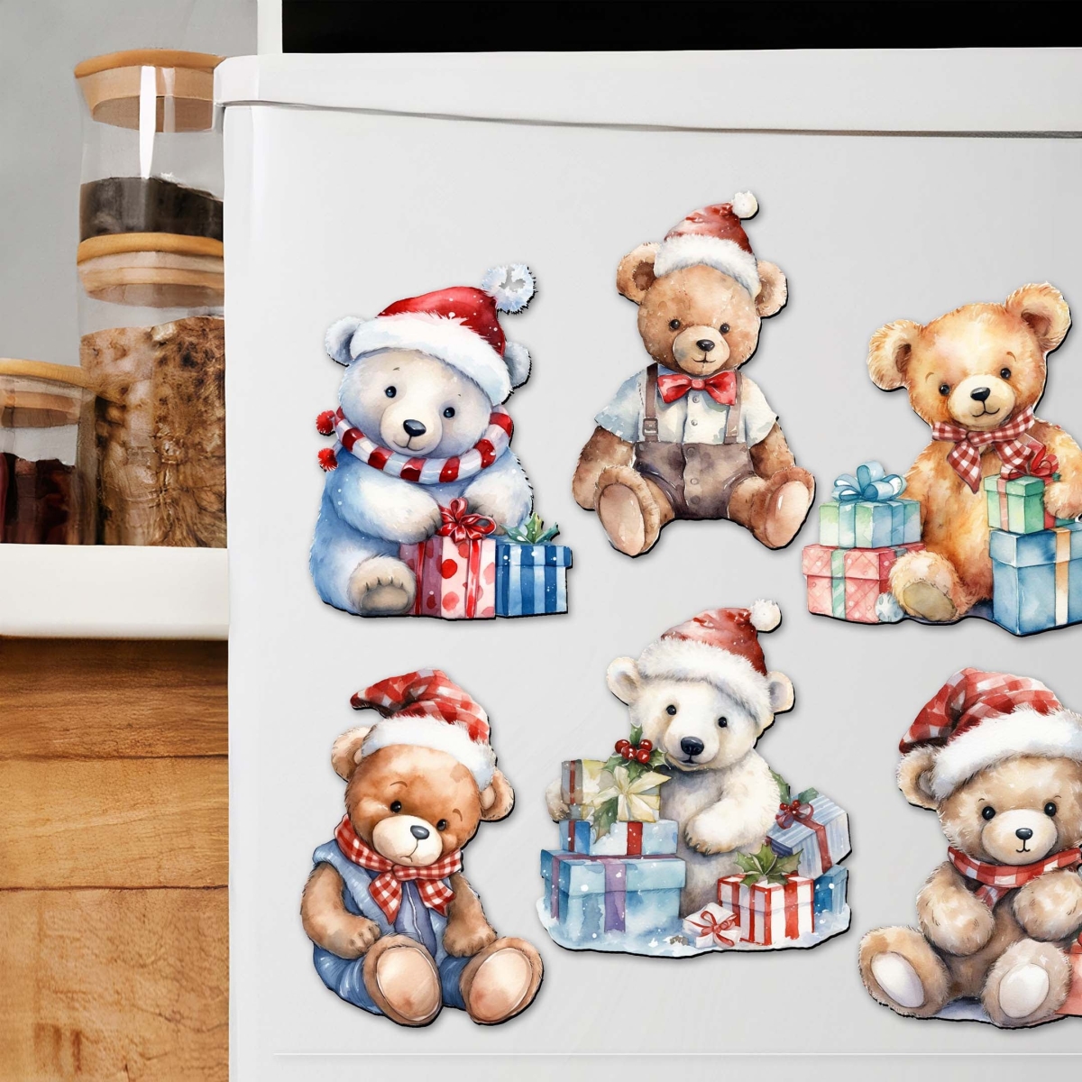 8090011G-S6 Christmas Teddy Bear Decorative Wooden Magnets Set of 6 by  - Christmas Decor