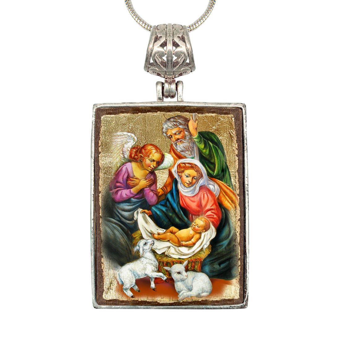 43020R The Holy Family Religious Jewelry Silver Plated Necklace, Gold-Plated Wooden Cabochon