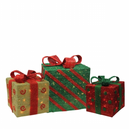 32283872 Lighted Sparkling Sisal Gift Boxes Christmas Yard Art Decorations - Gold, Green & Red - Set of 3 -  NorthLight