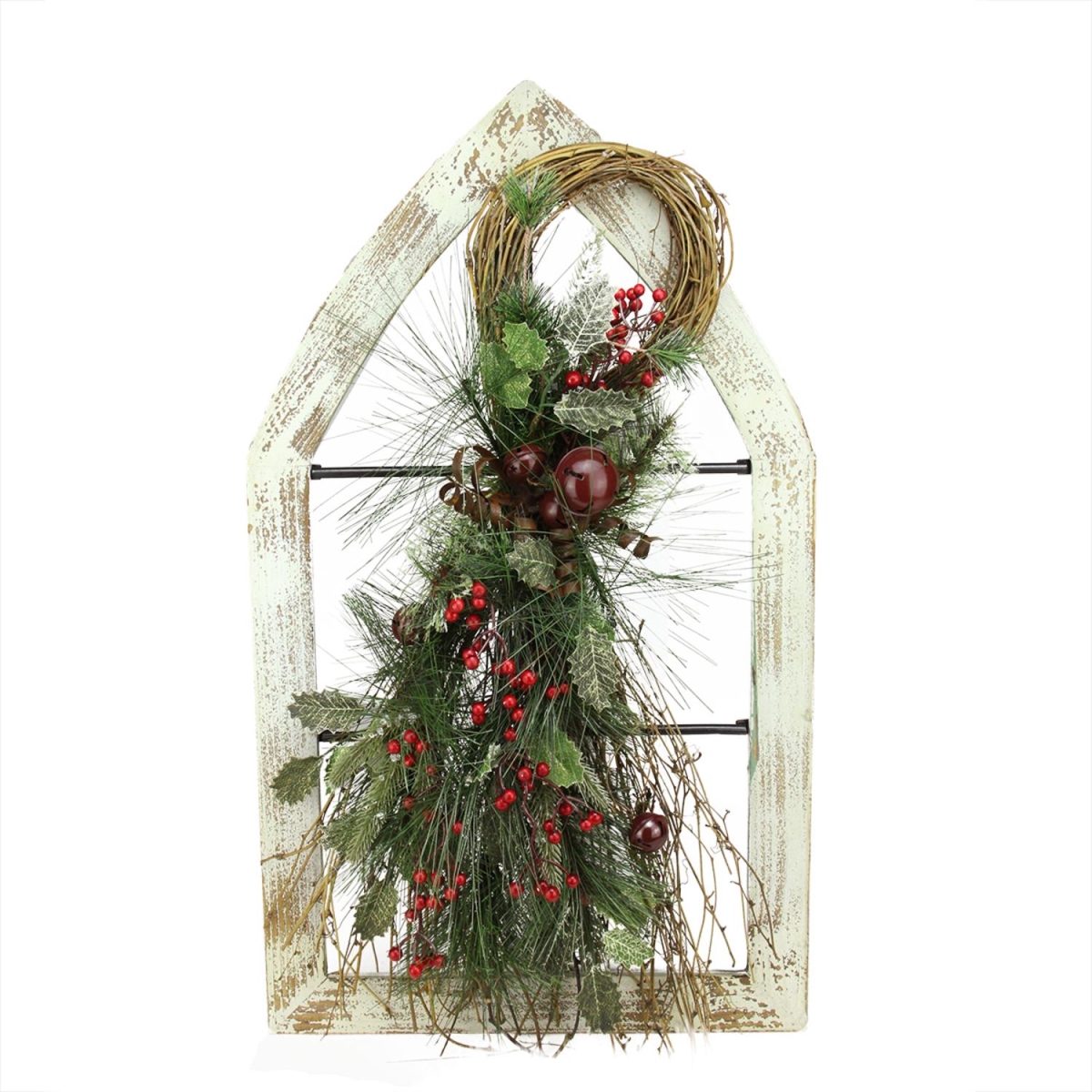Picture of Gerson 31493733 29.5 in. White Washed Window Frame with Mixed Pine & Berry Swag Christmas Wall Decoration