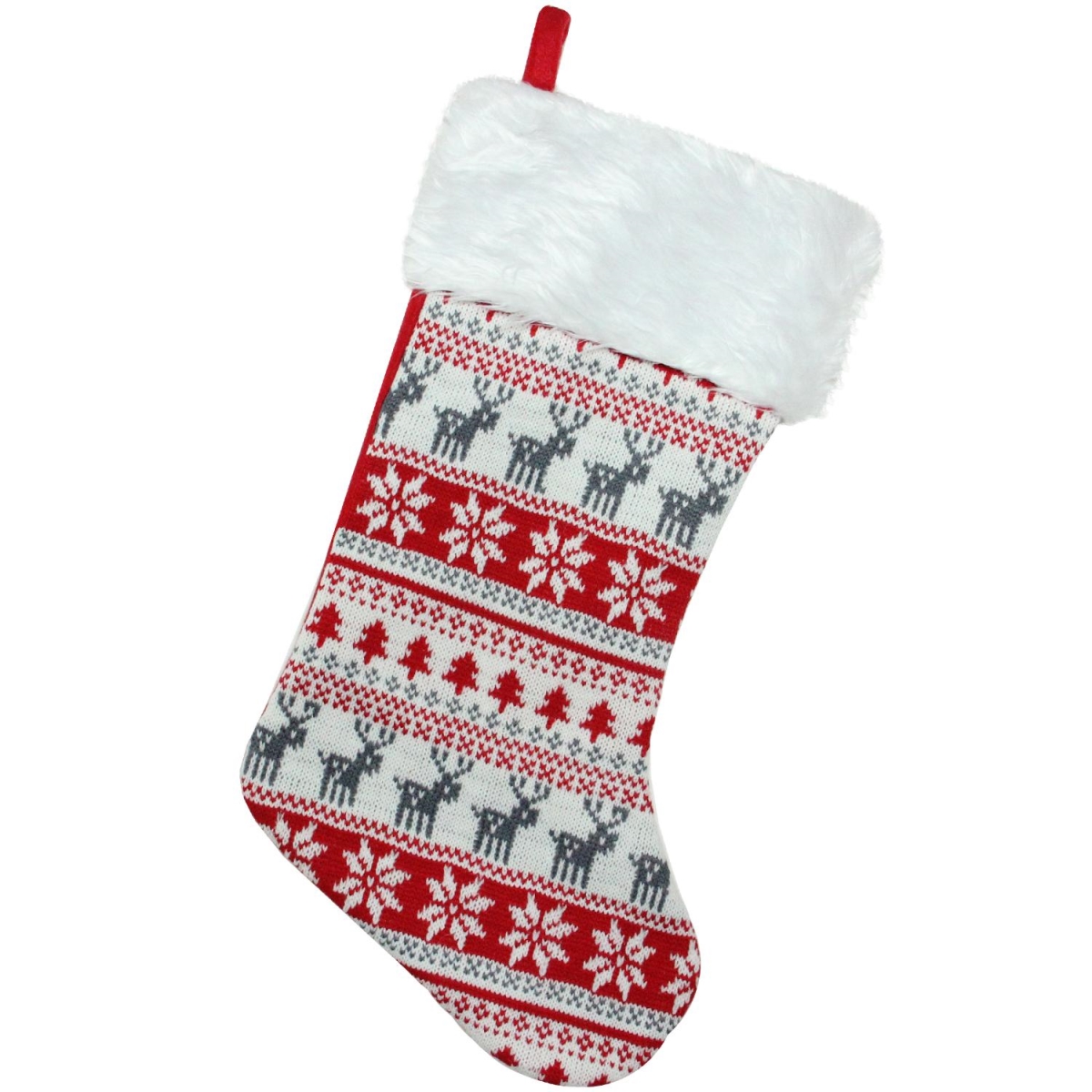 32585037 19.5 in. Red, Gray & White Tree Deer - Snowflake Knit Christmas Stocking with Faux Fur Cuff -  NorthLight