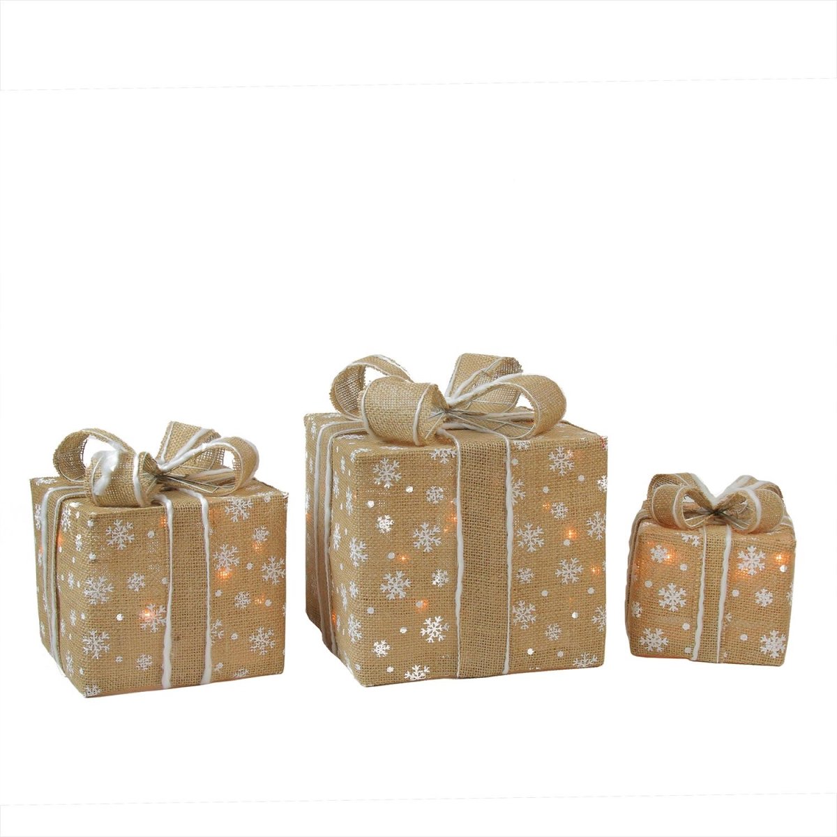 32283244 Set of 3 Lighted Natural Snowflake Burlap Gift Boxes Christmas Yard Art Decorations -  NorthLight