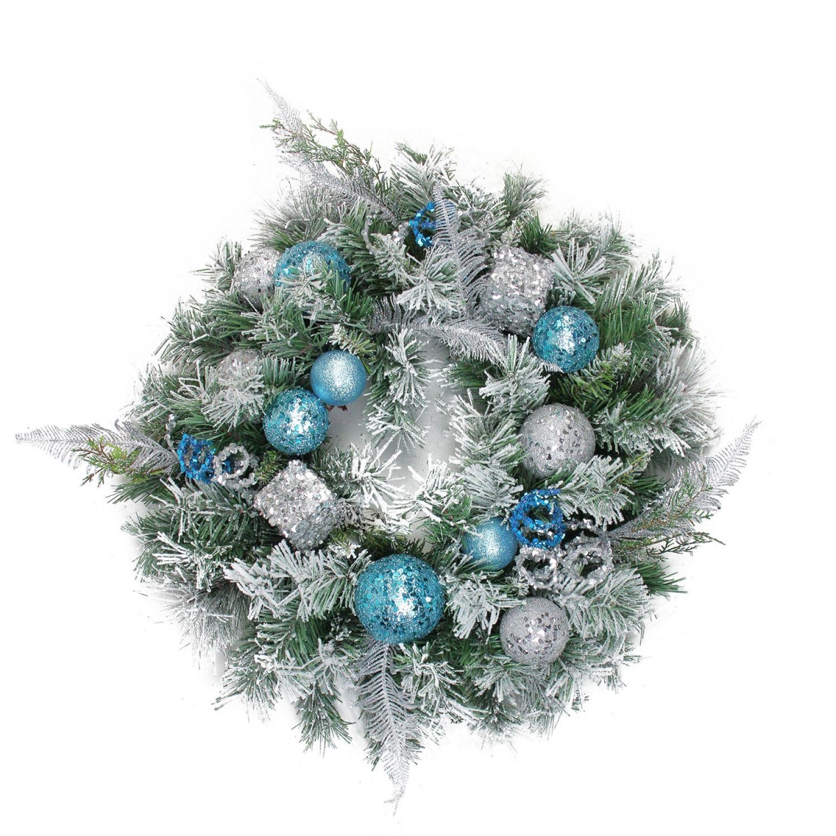 24 in. Flocked Blue & Silver Sequin Ornaments Artificial Pine Christmas Wreath - Unlit