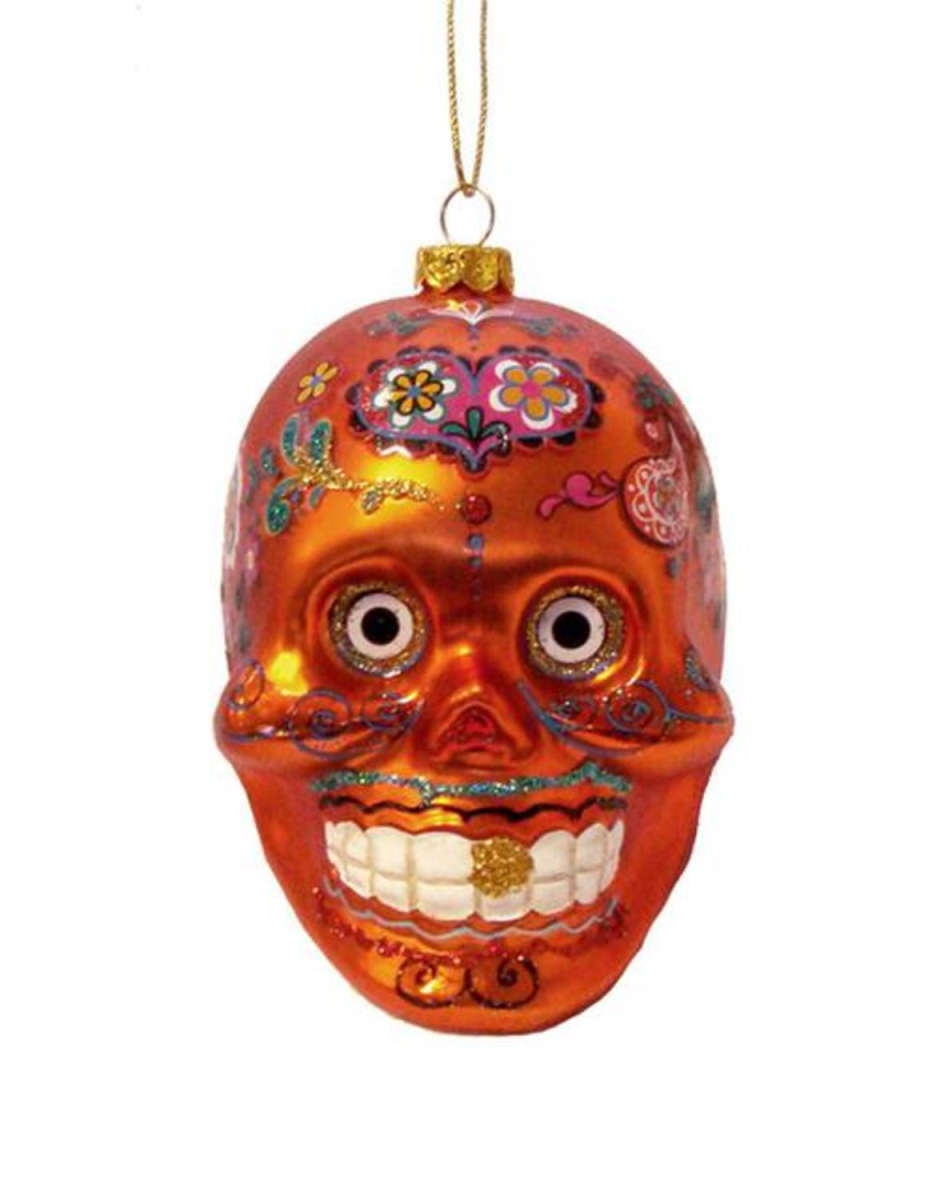 32282074 4 in. Day of the Dead Orange Glitter Embellished Skull Halloween Christmas Ornament