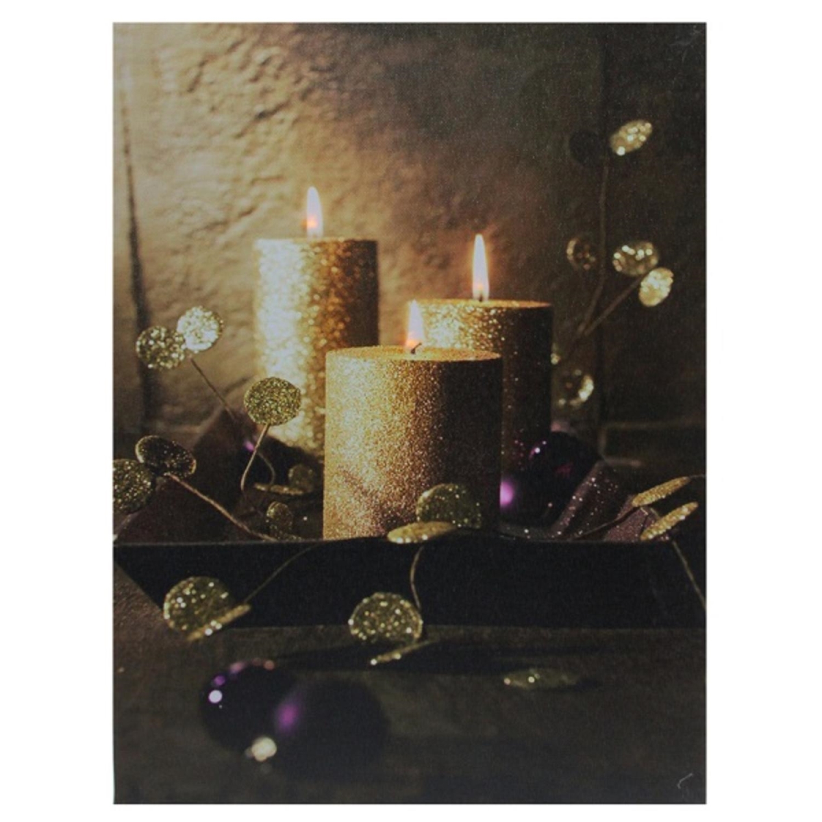 32277549 LED Lighted Shimmering Gold Glittered Candles Christmas Canvas Wall Art - 15.75 x 12 in.
