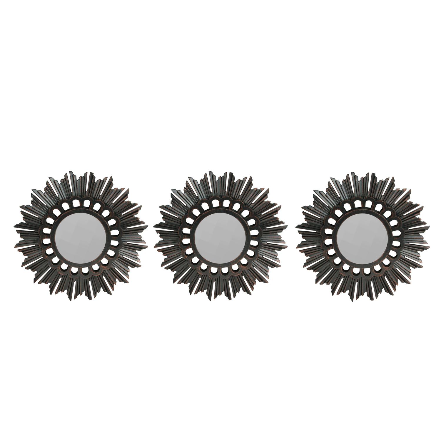 32595152 9.5 in. Floral Sunburst Inspired Matte Black Decorative Round Mirror, Set of 3