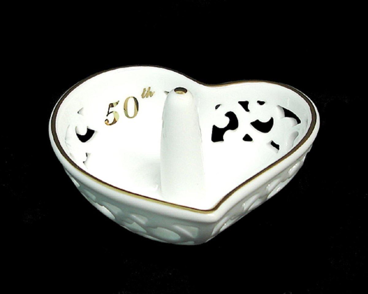 Picture of Roman 5185286 4 in. Golden 50th Anniversary Porcelain Heart Shaped Ring Holder