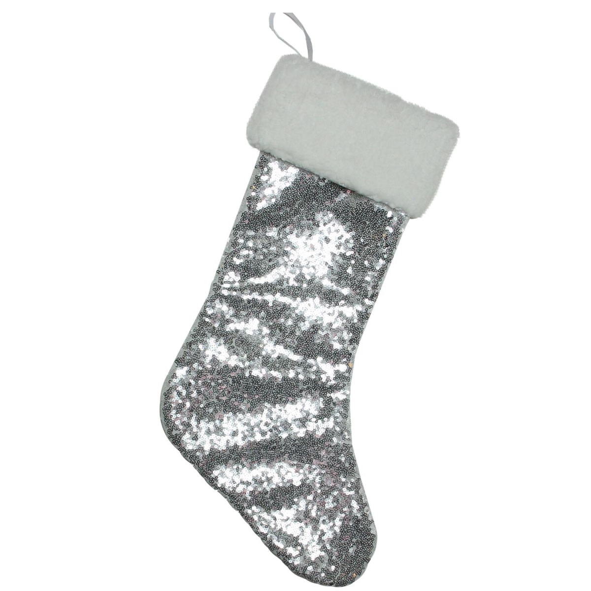 32606161 18 in. Winters Beauty Silver Sequined Christmas Stocking with White Cuff