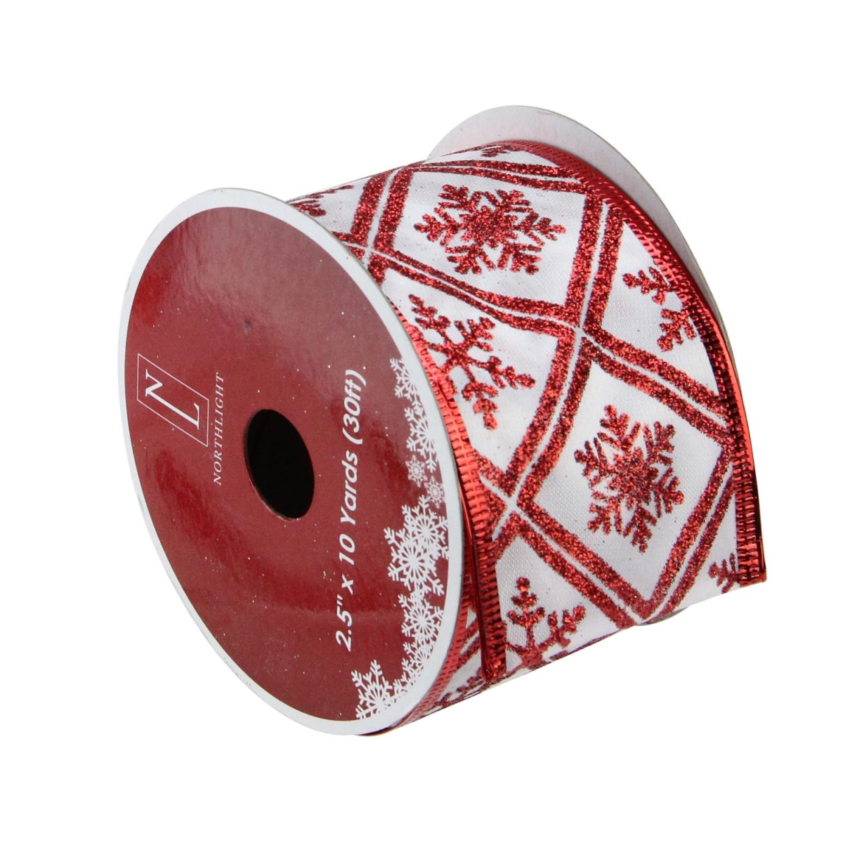 2.5 in. x 120 yards White & Red Snowflake Wired Christmas Craft Ribbon