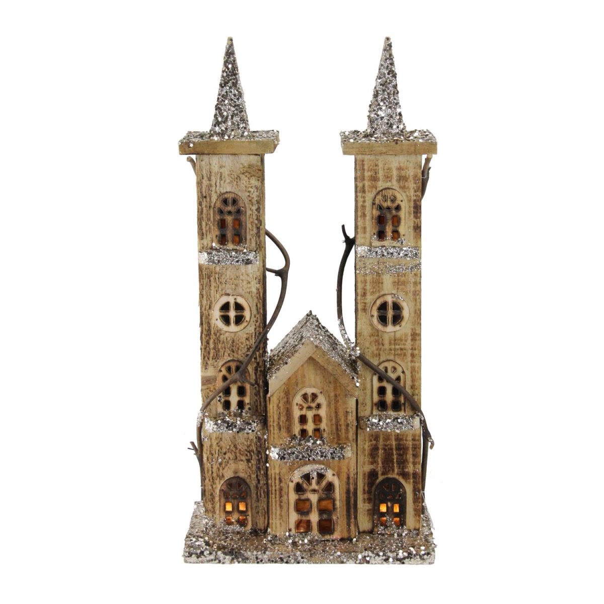 Picture of Northlight 32606325 15.75 in. LED Lighted Double Tower Brown Wooden Church Christmas Decoration