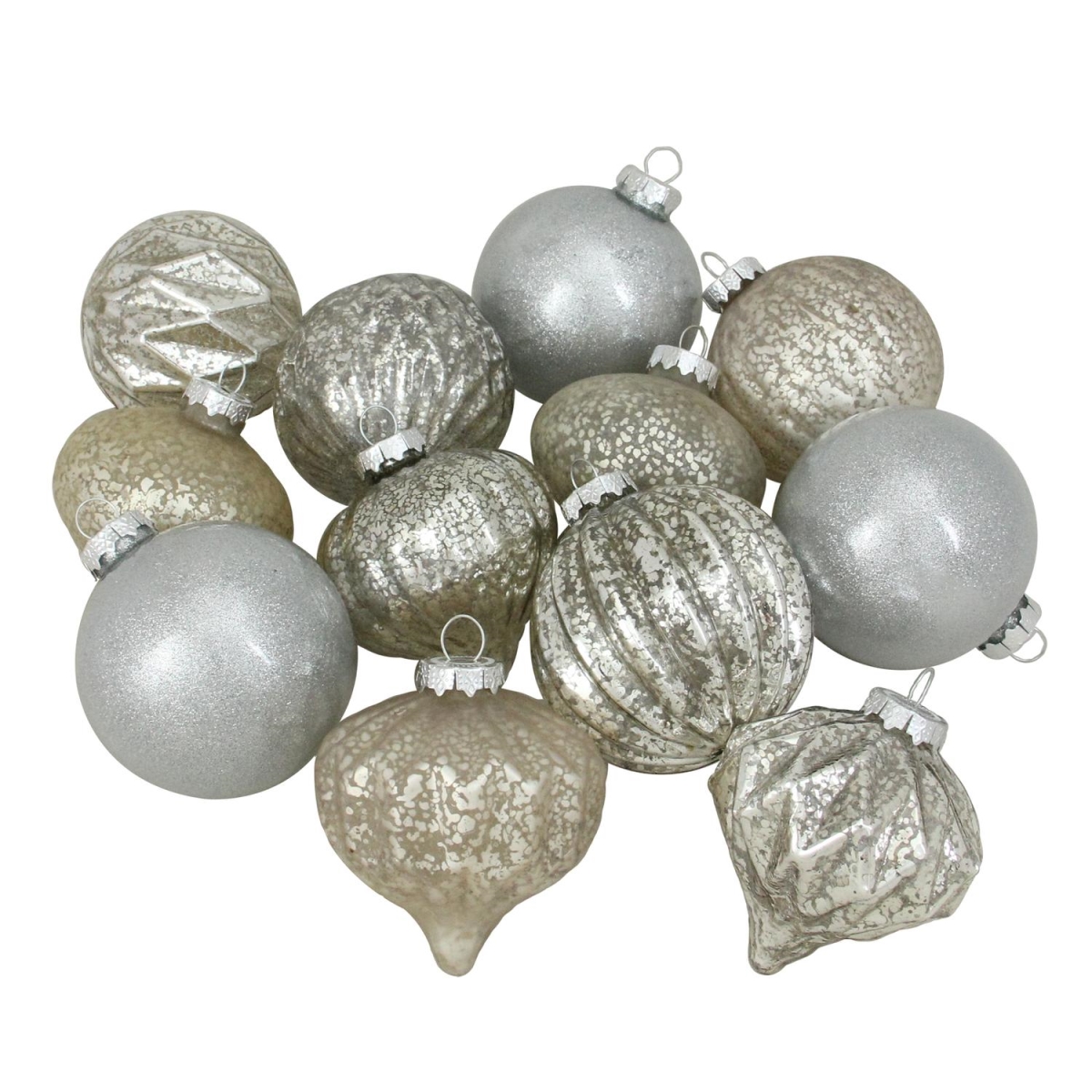 Picture of Northlight 32614095 4 in. 12 - Piece Silver Assorted Distressed Finish Glass Ornament Set