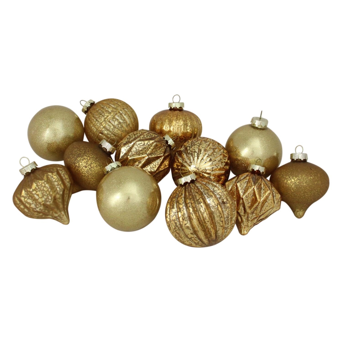 Picture of Northlight 32608241 4 in. 12 - Piece Gold Assorted Distressed Finish Glass Ornament Set