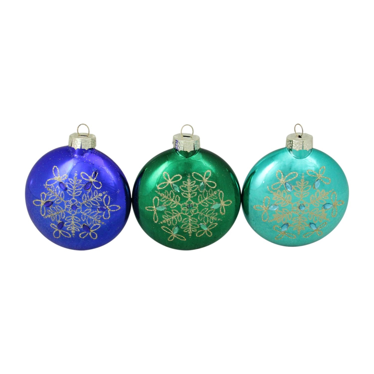 Picture of Northlight 32608180 3 - Piece Glitter Snowflake Blue & Green Disc Shaped Glass Disk Ornament Set