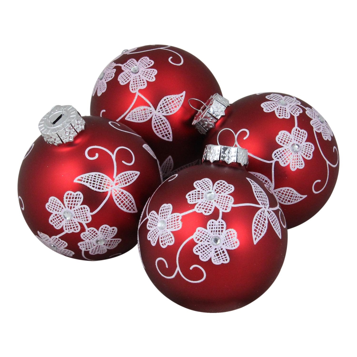 Picture of Northlight 32614127 3.25 in. 4 - Piece White Floral Pattern On A Red Glass Ornament Set