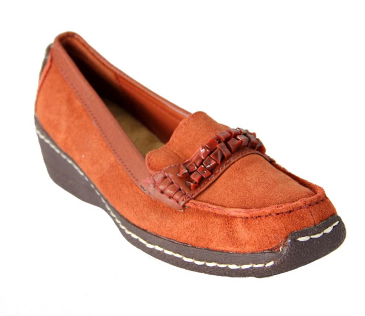 Picture of Avon 28864565 Womens Orange Suede Cushion Wedge Shoes with Stone Strap Accent - Size 6