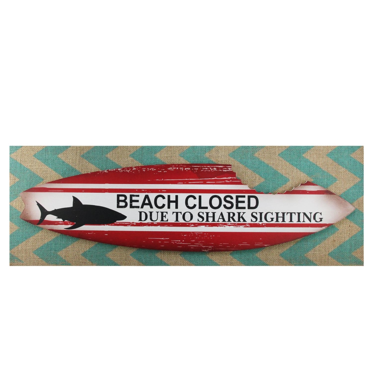 Picture of Northlight 32749480 Decorative Red & White Striped Burlap Shark Bitten Surfboard Wall Art&#44; 24 in.