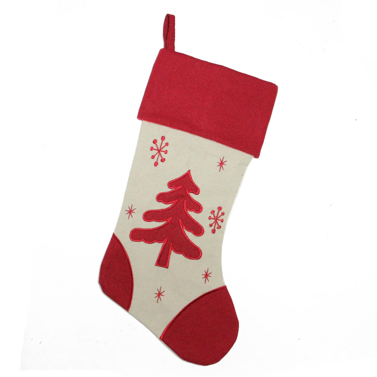 32635495 18 in. White & Red Tree with Snowflakes Rustic Christmas Stocking with Red Cuff