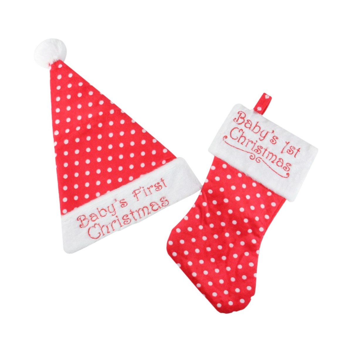 Picture of Northlight 32635908 12 in. Red Super Soft Polka Dot Babys 1st Christmas Santa Hat & Stocking Set