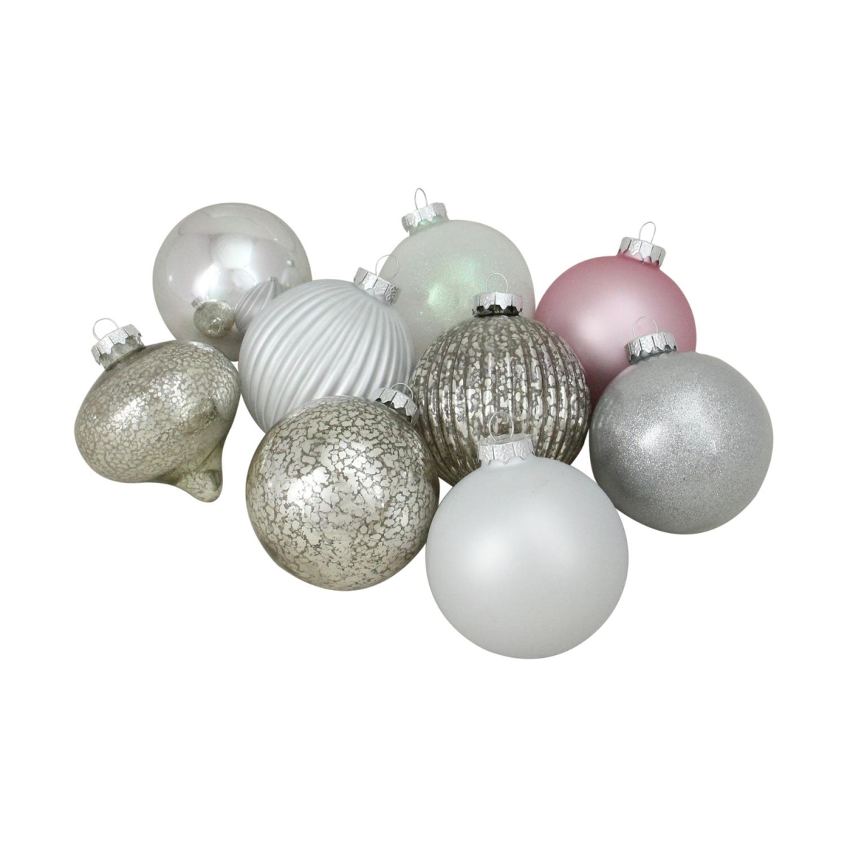 32636327 9 Count Silver & Pink Multi-Finish Ball & Onion Shaped Christmas Ornaments, 4 in -  NorthLight