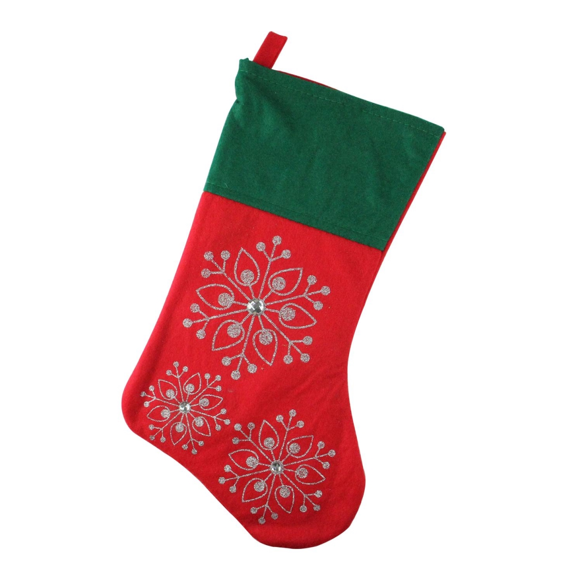 32635558 19 in. Red & Green Felt Christmas Stocking with Glitter Snowflakes and Gemstones