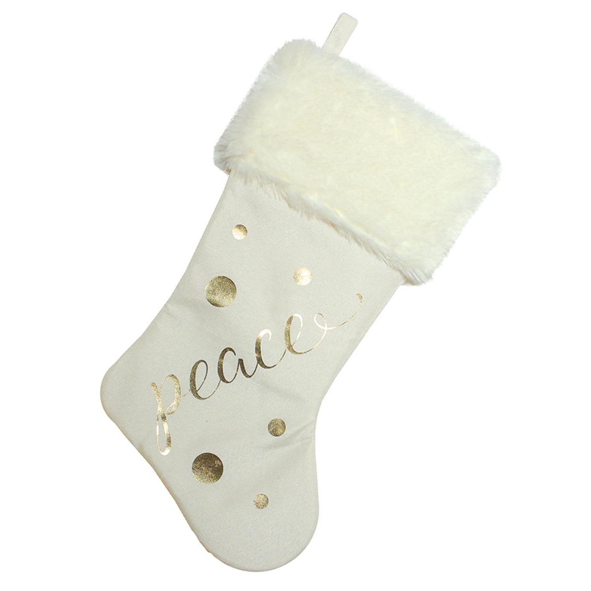 32635516 19 in. Ivory White Gold Foil Peace Christmas Stocking with White Faux Fur Cuff