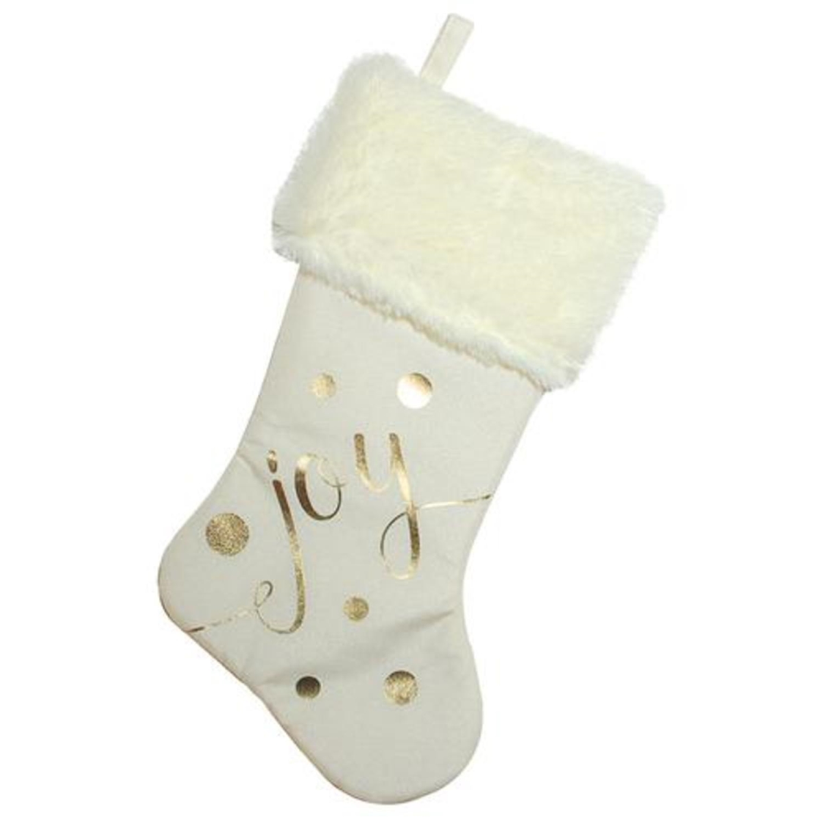 32635032 19 in. Ivory White Gold Foil Joy Christmas Stocking with White Faux Fur Cuff