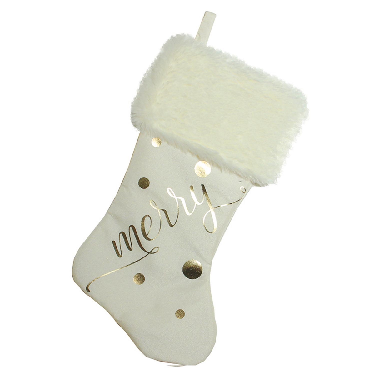 32635517 19 in. Ivory White Gold Foil Merry Christmas Stocking with White Faux Fur Cuff