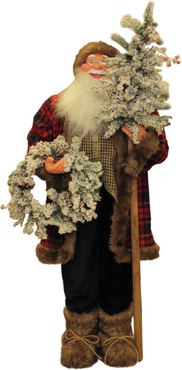 32266441 4 ft. Standing Plaid Santa Figure with Wreath & Alpine Tree