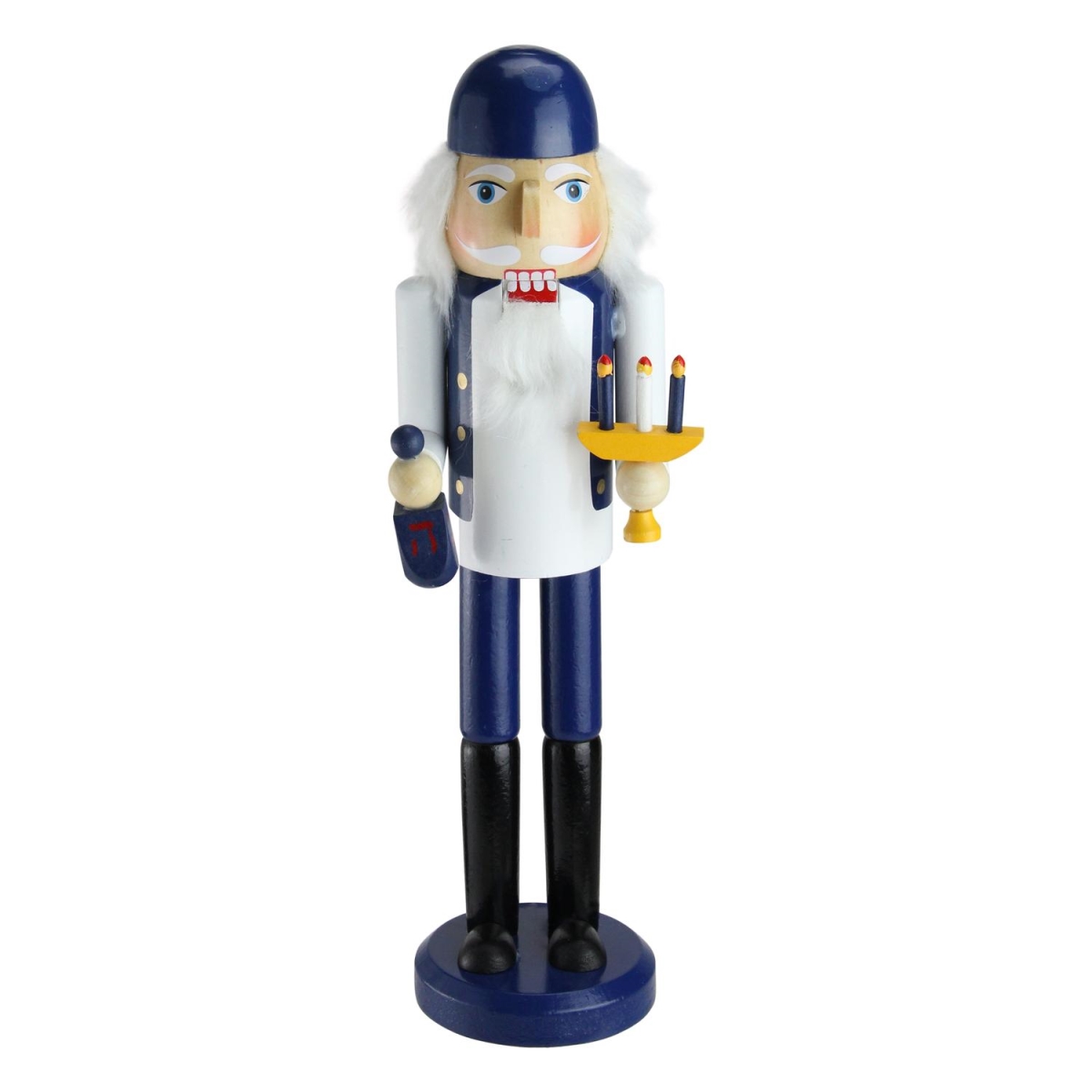 14 in. Decorative Wooden Hanukkah Nutcracker with Menorah & Dreidel - Blue & White