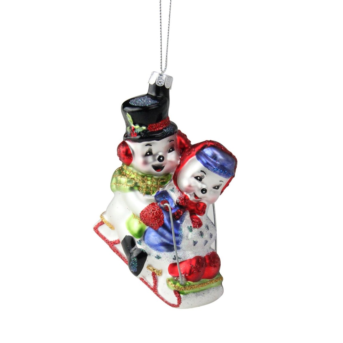 32803063 4.5 in. Festive Cheerful Sledding Snowmen Couple Glass Christmas Ornament -  NorthLight