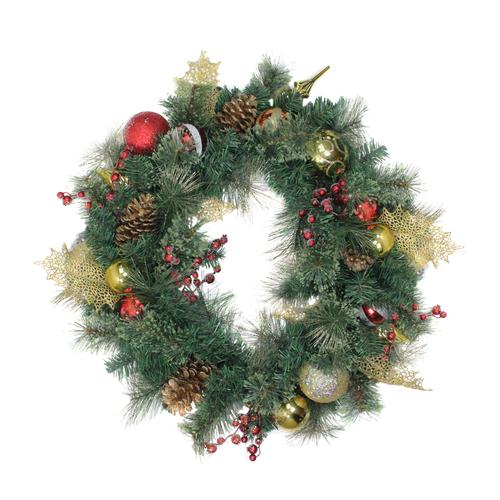32822873 30 in. Green Foliage & Assorted Ornaments Deluxe Wreath - Unlit