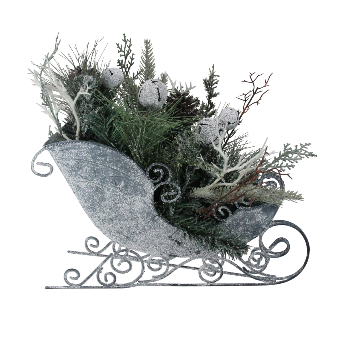 Picture of Northlight 32915437 9.5 in. Frosted Gray Christmas Pinecone Bell & Foliage Filled Tabletop Sleigh