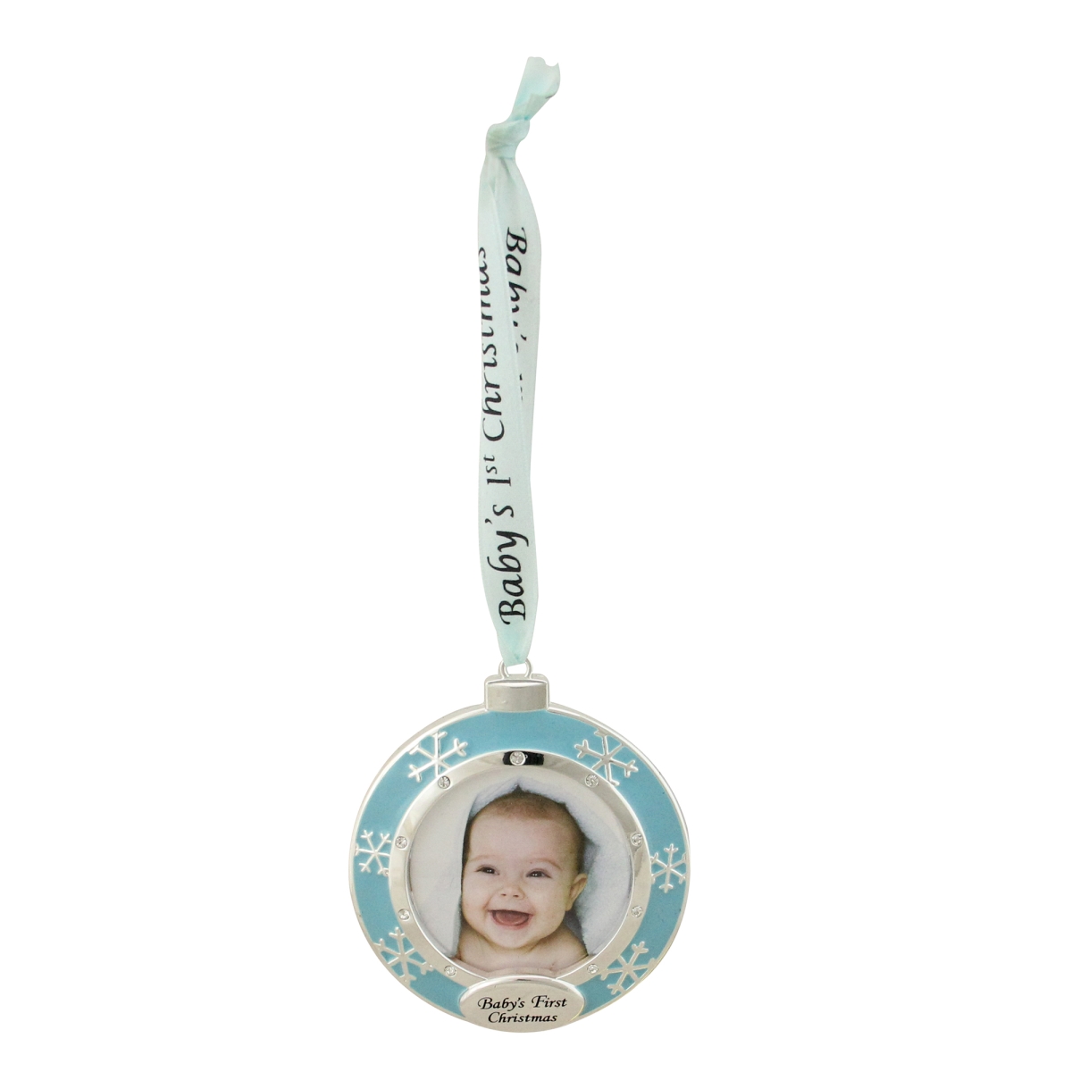 3 in. Blue & Silver-Plated Babys First Christmas Framed Ornament with Crystals
