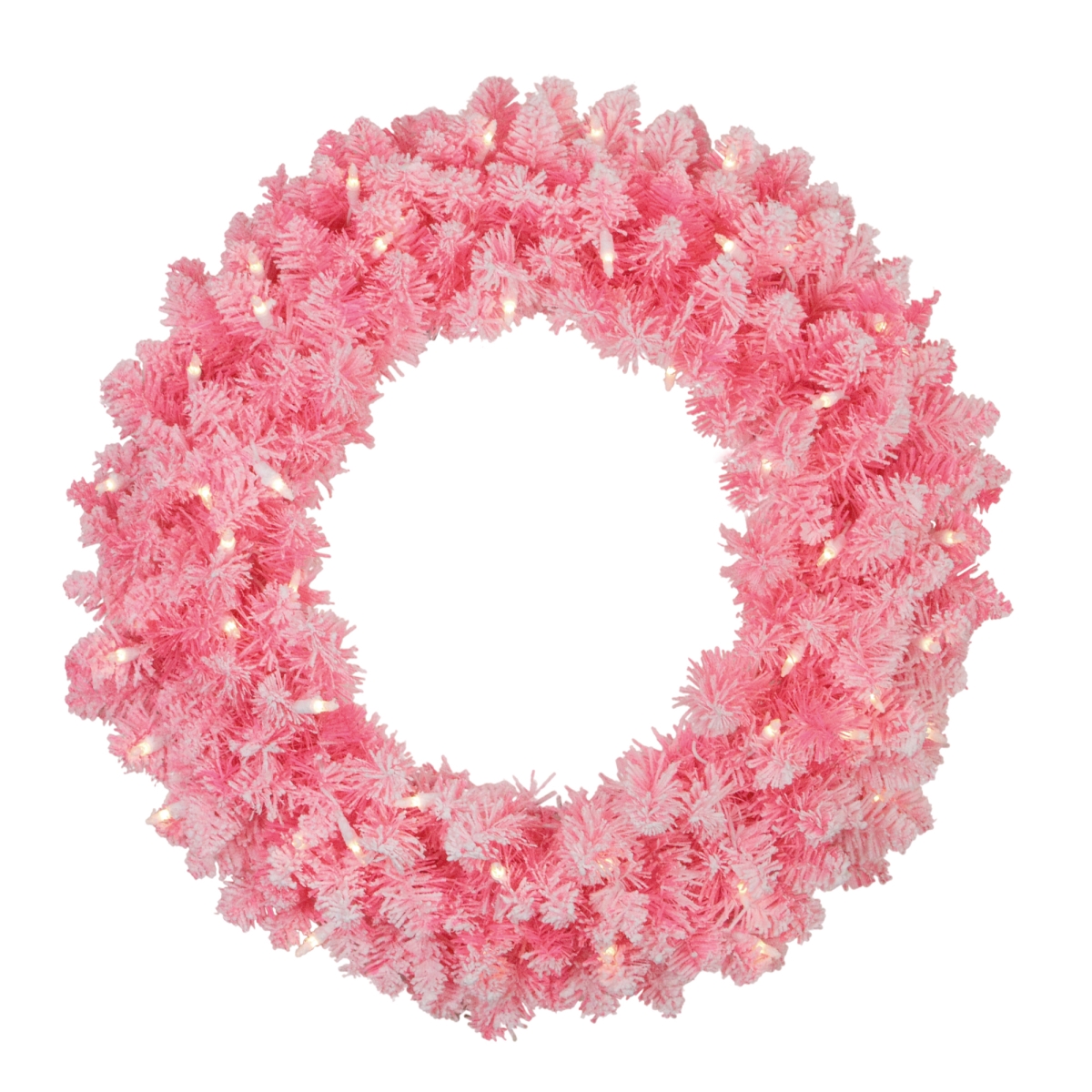 32915352 Pre-Lit Flocked Pink Artificial Christmas Wreath - 24 in. Clear Lights