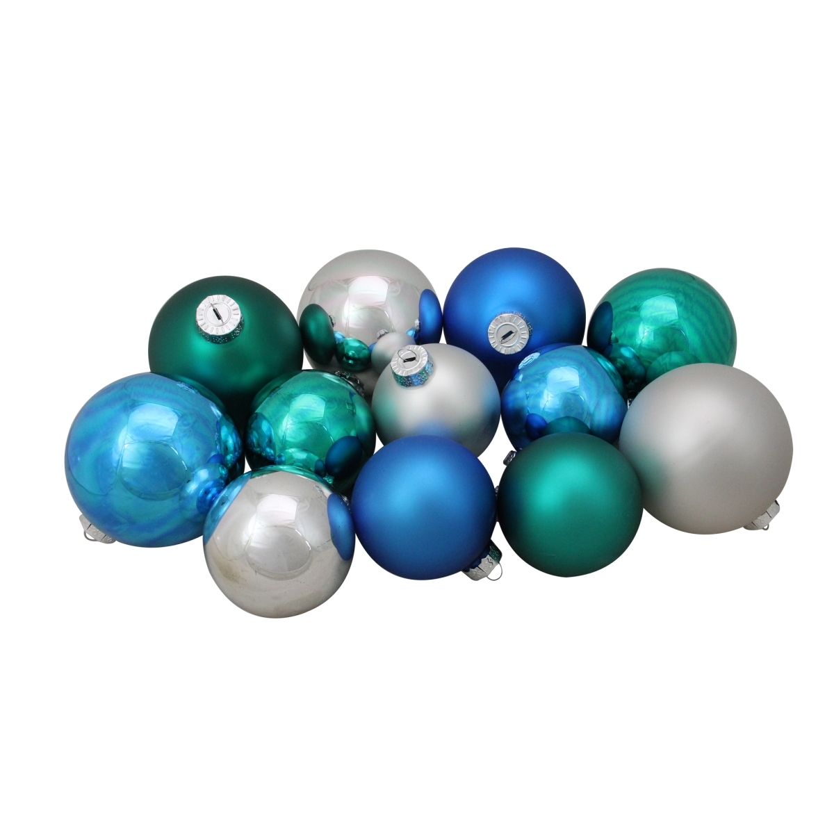 3.25-4 in. Turquoise Blue & Silver Shiny & Matte Glass Ball Christmas Ornaments - 72 Count